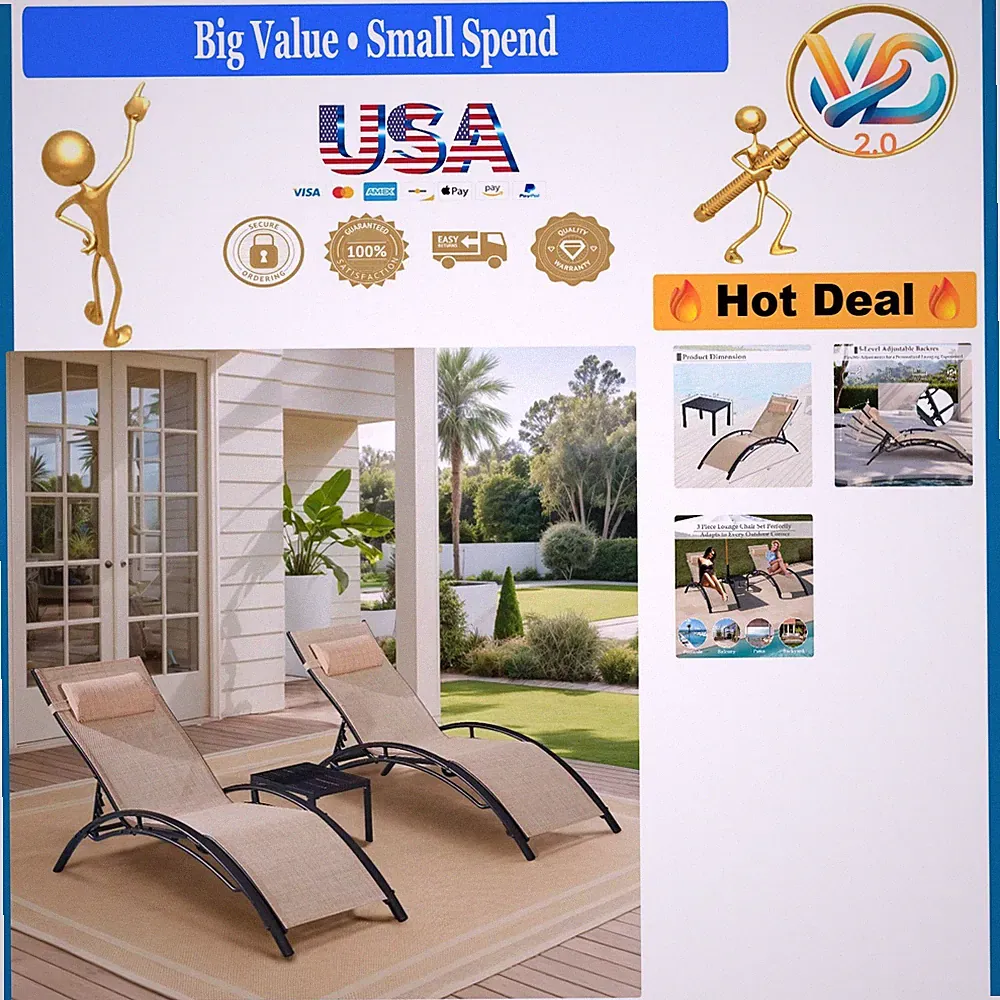 3-Piece Patio Chaise Lounge Set Aluminum Poolside Recliners with Side Table K...