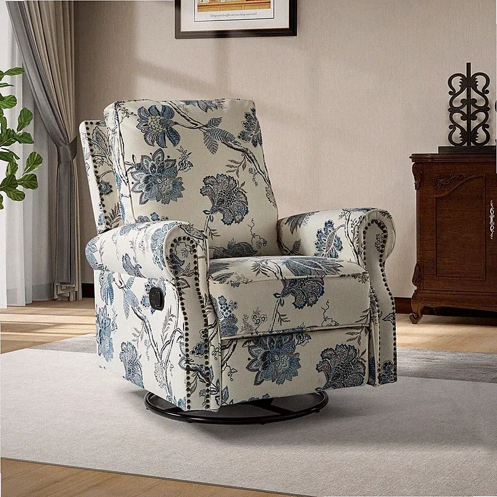Blue Floral Swivel Rocker Recliner Arm Chair Armchair Nursery Glider Recliners