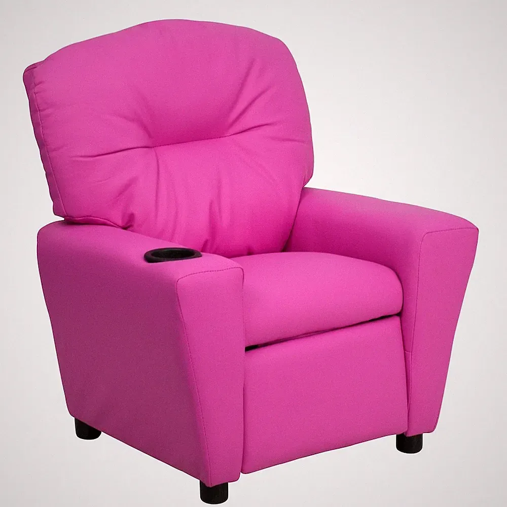 Contemporary Hot Pink Vinyl Kids Recliner with Cup Holder