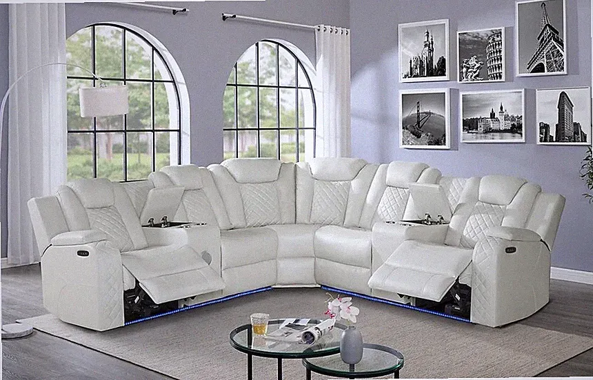 NEW LED Power 2-Recliner Sand Leather Contemporary Sectional Bluetooth Speaker
