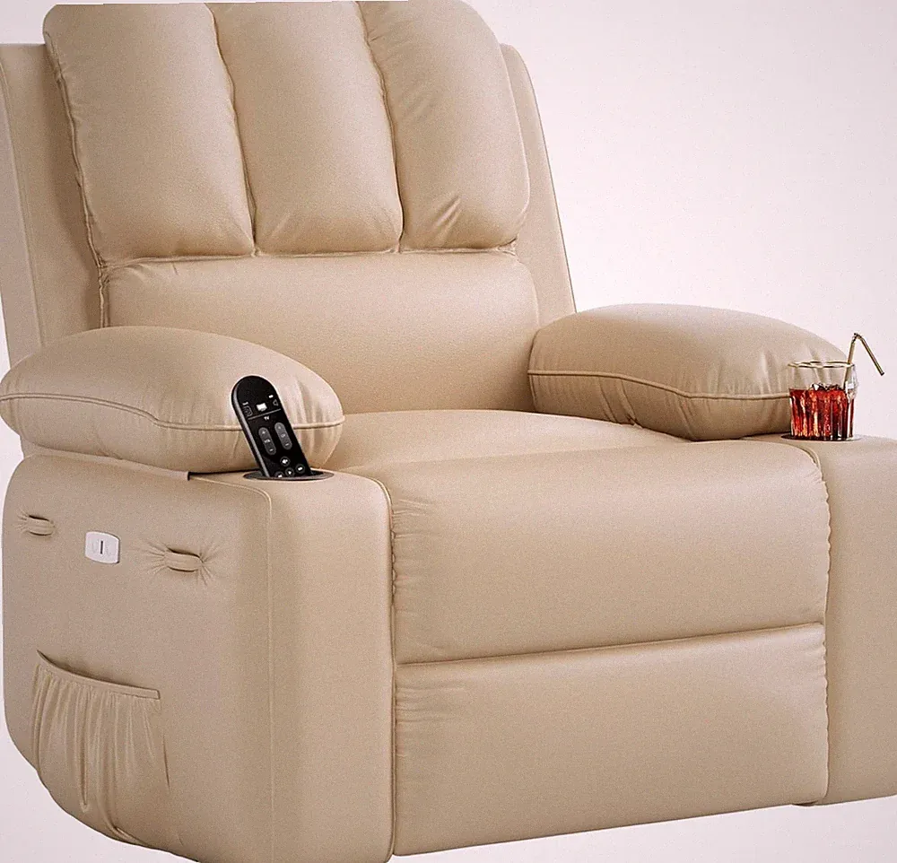 Oversized PU Leather Recliner Chair with Heat, Massage & 360° Swivel